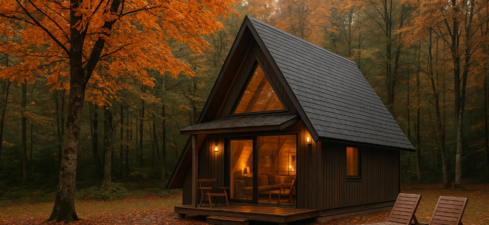 Sapanca bungalov evleri sonbahar manzarası – ahşap A-frame bungalow, orman içinde ısıtmalı havuz ve sonbahar yapraklarıyla çevrili.